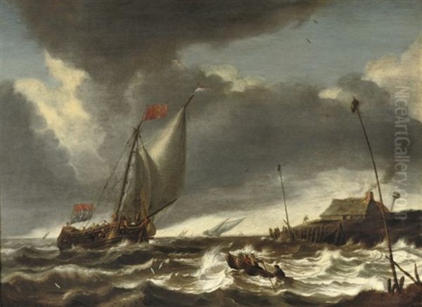 Shipping In Stormy Waters Near A Coast by Cornelis Mahu