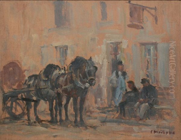 Chevaux Devant L'auberge Moreux A Veaugues, Cher by Fernand Maillaud