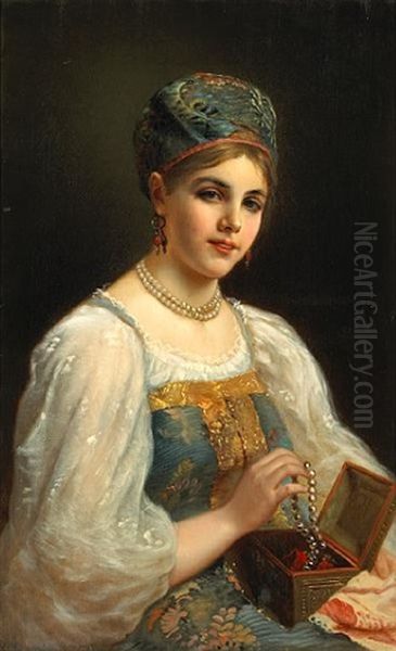 A Young Woman Holding A Jewelery Box by Konstantin Egorovich Makovsky