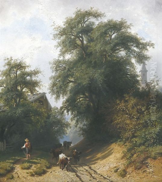 Hirte Mit Seiner Kuhherde Auf Einem Baumbestandenen Waldweg, Im Hintergrund Ein Kirchturm by Christian Friedrich Mali