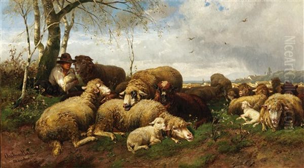 Flock Of Sheep With Shepherd by Christian Friedrich Mali