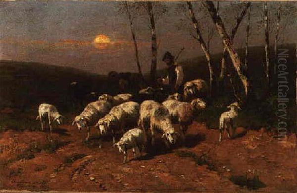 A Shepherd With His Flock At Sunset by Christian Friedrich Mali