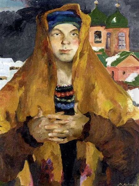 Portrait Of A Peasant Woman In A Yellow Shawl by Filip Malyavin