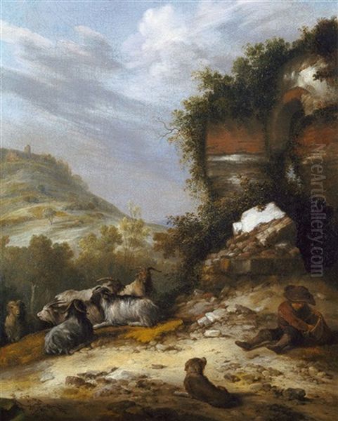 Berghang Mit Hirte Und Ziegenherde Vor Einer Ruine by Jacob Sibrandi Mancadan