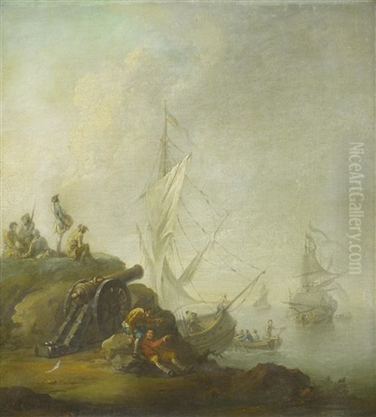 A Rocky Coast With Soldiers Beside A Canon With Shipping Beyond by Adrien Manglard