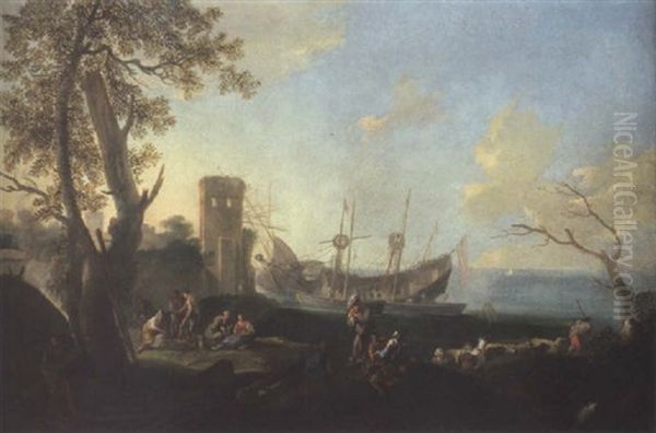 A Mediterranean Harbour With A Shipwreck, Peasants And Their Livestock In The Foreground by Adrien Manglard