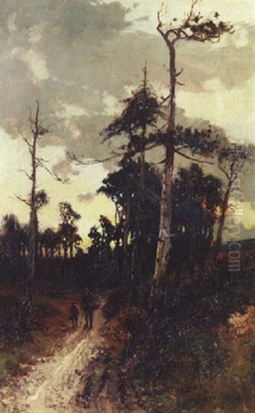 Woodland Path At Dusk With Figures by William Manners