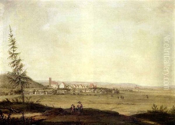 Blick Auf Ein Dorf, Im Vordergrund Bauernpaar by Jakob Manskirch