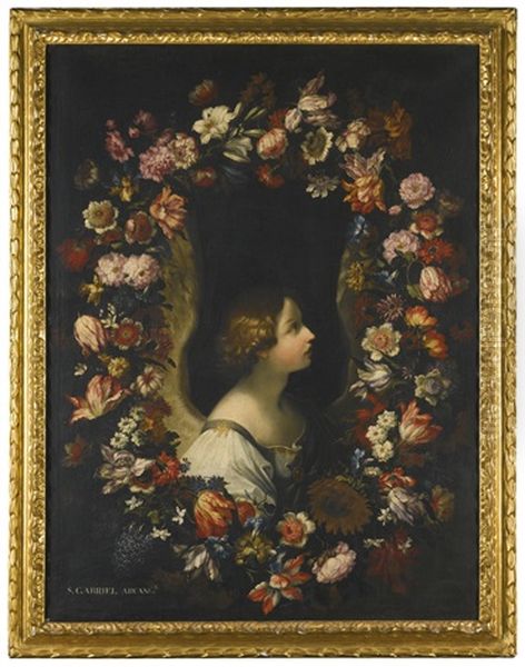 A Flower Garland Surrounding The Angel Gabriel And A Flower Garland Surrounding The Virgin Annunciate (pair) by Francesco Mantovano