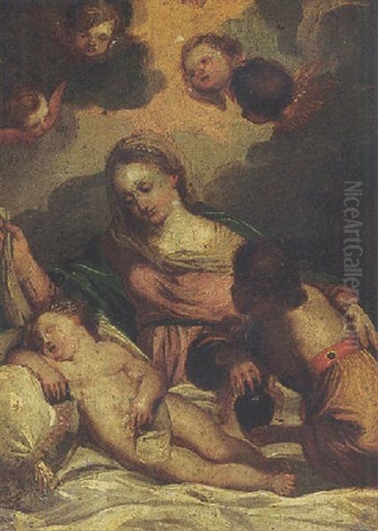 The Virgin Adoring The Sleeping Christ Child, With A Female Attendant And Angels Above by Carlo Maratta