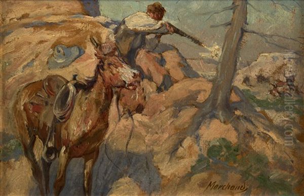 Cowboy On Horseback Shooting To Protect A Steer From Wolves by John (Norval) Marchand