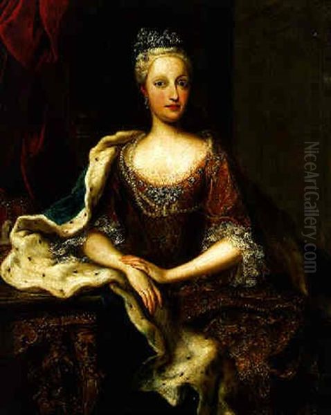 Portrait Of A Female Sovereign Seated With An Ermine-lined Velvet Cloak And Crown by George de Marees