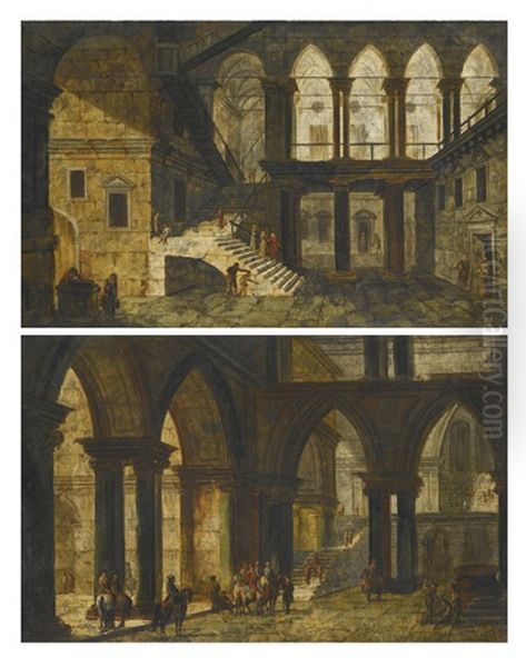 Architectural Fantasy With A Staircase In A Courtyard; Architectural Fantasy With Double Height Gothic Arches (pair) by Michele Marieschi