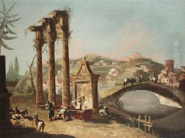 A Capriccio Of Ruins Beside A River With Figures And Their Animals At A Fountain, Travellers Crossing A Bridge, A Village Beyond by Michele Marieschi