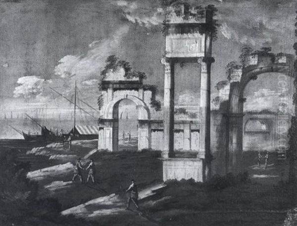 A Caprichio With Figures Before Coastal Ruins by Michele Marieschi