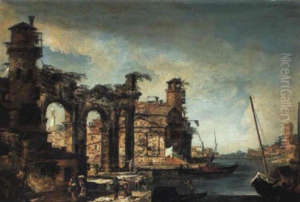 A Capriccio Of Classical Ruins With Peasants And Washerwomen On A Quay by Michele Marieschi