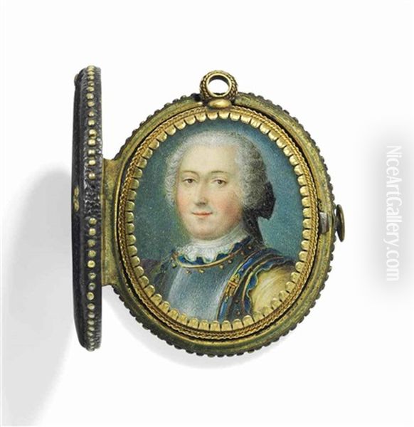 A Nobleman In A Gilt-edged Breastplate With Blue Lining, Pale Yellow Coat And White Shirt, Wearing A Powdered Bag Wig; Green Background by Antoine Alexandre Marolles