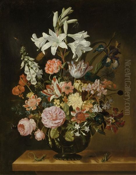 Still Life Of Flowers In A Vase Set On A Stone Plinth With A Lizard And Grasshopper by Jacob Marrel