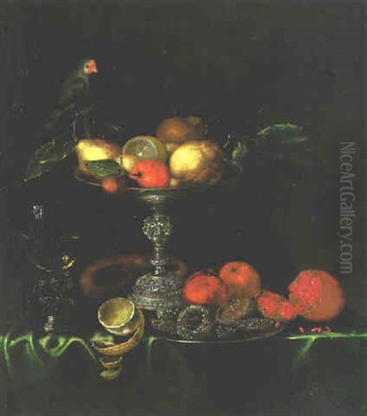 Different Fruit On A Plate, A Parrot And A Pretzel On A Table by Jacob Marrel