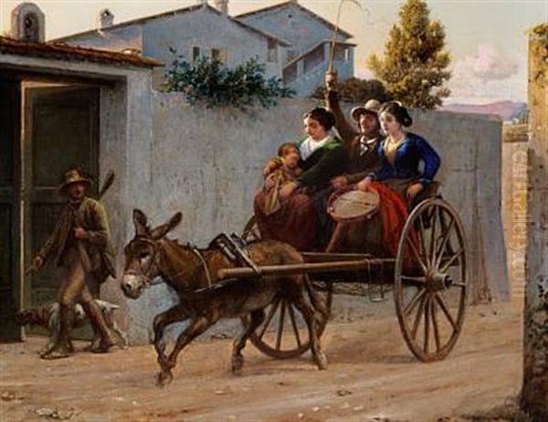 Italian Village Scene With A Mother, A Sleeping Child And A Young Woman On A Donkey Cart by Wilhelm Nicolai Marstrand