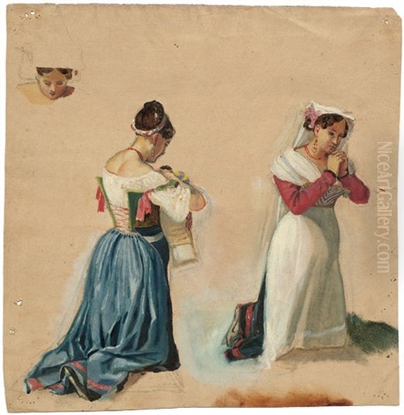 Studie Zweier Betender Junger Frauen In Italienischen Kostumen by Hans Ditlev Christian Martens