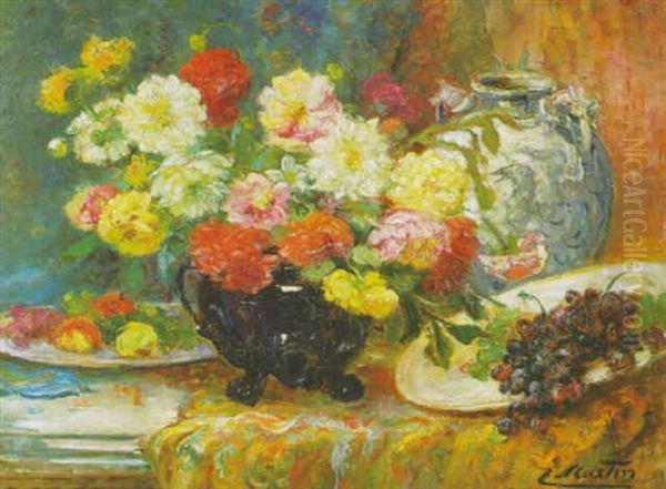 Coupe De Dahlias, Assiette De Fruits Et Vase Chinois Sur L'entablement by Jacques Martin