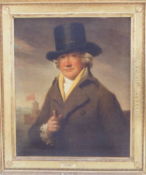 Portrait Of Ramsay Of Camno, Wearing A Black Top Hat And Carrying A Walking Stick, A Harbour And Shipping Beyond by David Martin