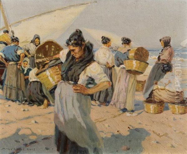 Mariscadoras En La Playa Oil Painting - Enrique Martinez Cubells y Ruiz