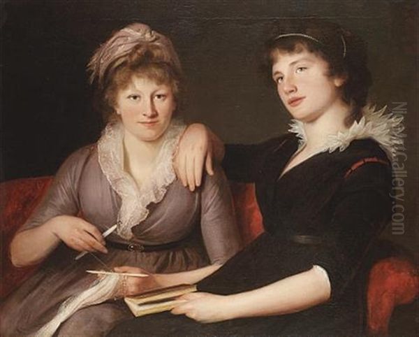 Portrait Of Two Women, One In A Brown Dress Crocheting, The Other In A Black Dress, Holding A Book by John James Masquerier