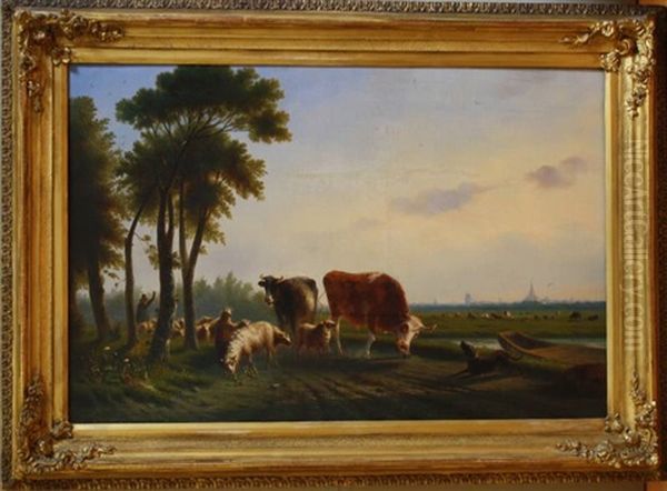 Landschap Met Veeherder, Op De Achtergrond Een Stad, Mogelijk Rotterdam by Jan van Mastenbroek