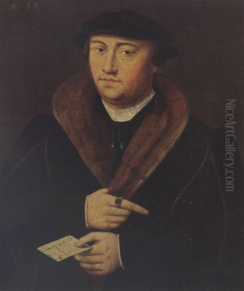 A Portrait Of A Gentleman, Aged 37, Wearing A Black Fur-lined Coat, A White Collar, A Black Hat, A Ring With A Coat Of Arms On His Right Hand, Holding A Letter In His Left Hand by  Master of the 1540s