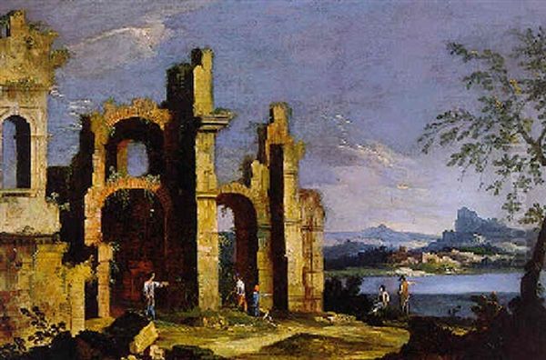 Cappriccio Of Architectural Ruins With Figures In A Landscape by  Master of the Langmatt Foundation Views