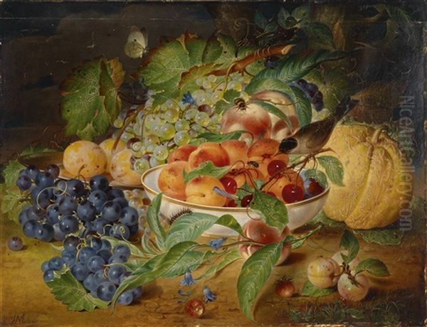 Fruchtestillleben Mit Trauben, Pfirsich Und Kurbis by Andreas Theodor Mattenheimer