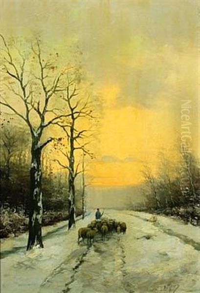 Shepherd With His Flock On A Snowy Forest Road by Anton Mauve