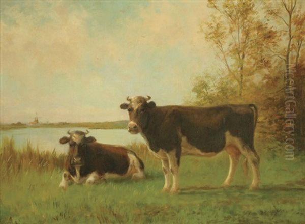 Pastoral Landscape With Two Cows At Pasture And A Windmill In The Distance by Anton Mauve