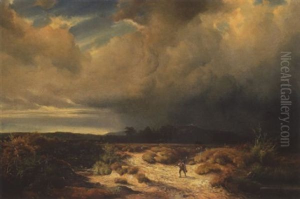 Heimkehrende Bauern Bei Aufziehendem Gewitter Am Hohenpeissenberg by Friedrich (Der Rote) Mayer