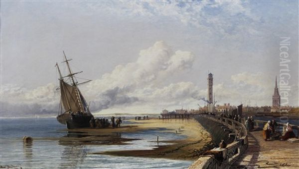 Dutch Harbour Scene With Figures Unloading The Catch by Arthur Joseph Meadows