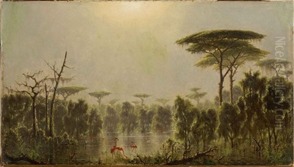 Flamingos On The Marsh, Likely Louisiana by Joseph Rusling Meeker