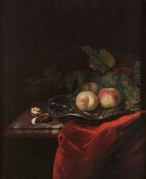 Peaches And Grapes On A Silver Salver With Walnuts On A Partially Draped Marble Ledge by Barend van der Meer