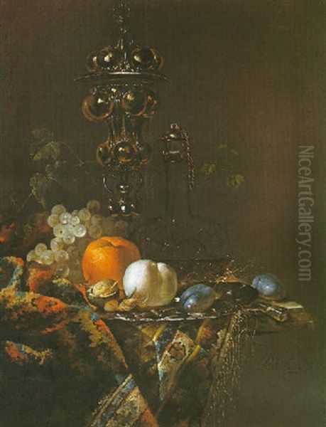 Nature Morte Au Hanap, Flacon Et Plat De Fruits Disposes Sur Un Entablement Recouvert D'une Tapisserie by Barend van der Meer