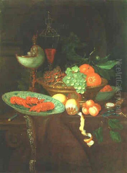 Still Life Of A Basket Of Fruist, Dish With Crayfish, Cups, A Wine Flute, All Upon A Table by Barend van der Meer