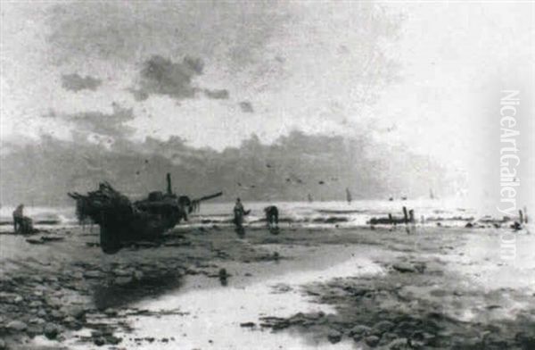 Figures On A Beach At Low Tide At Dusk by Eliseo Meifren y Roig