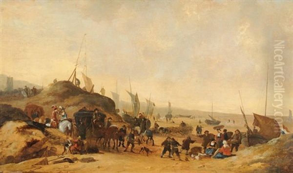 Belebte Strandszene Mit Kutsche, Eleganter Gesellschaft Und Handlern by Hendrick De Meijer