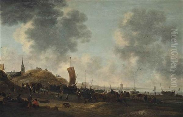 A View Of Scheveningen Beach With Figures, Boats, Wagons And Horses by Hendrick De Meijer