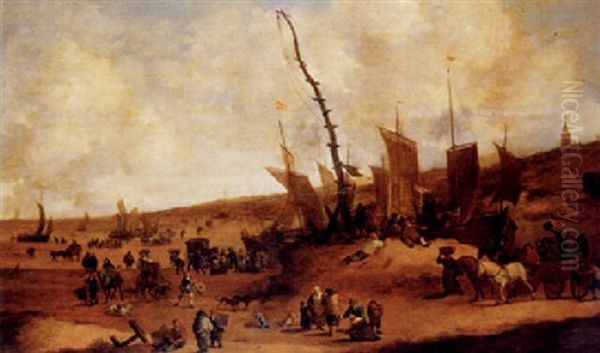 A Beach Scene At Scheveningen With Many Figures, A Horse-drawn Cart, And Various Vessels by Hendrick De Meijer