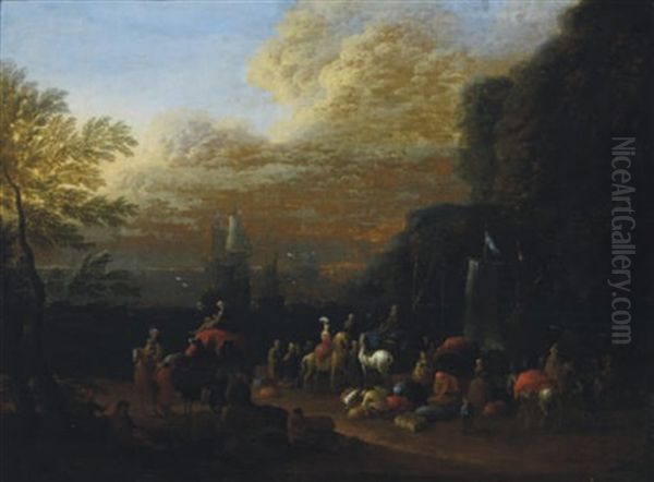 Elegant Figures On Camel And Horseback In A Mediterranean Port by Jan-Baptiste van der Meiren