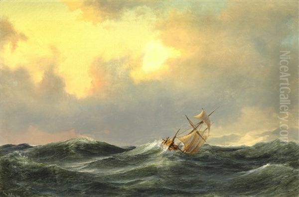 Sea Scape With Sailing Ship In High Sea At Evening Time by Daniel Hermann Anton Melbye