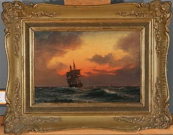 Seascape With Sailing Ship At Sunset by Daniel Hermann Anton Melbye