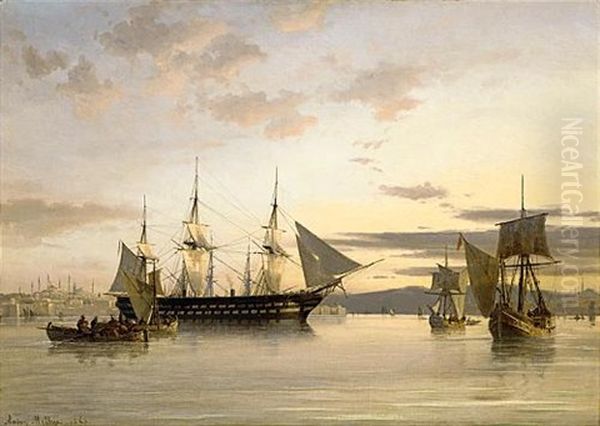 Ships In Calm Water On The Bosphorus by Daniel Hermann Anton Melbye