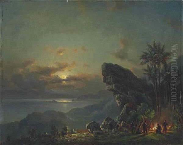 Sunset On The Venezuelan Coast With A Hunting Party Around A Fire by Fritz Siegfried George Melbye